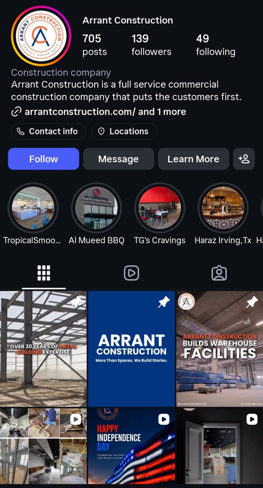 Arrant Construction Instagram profile